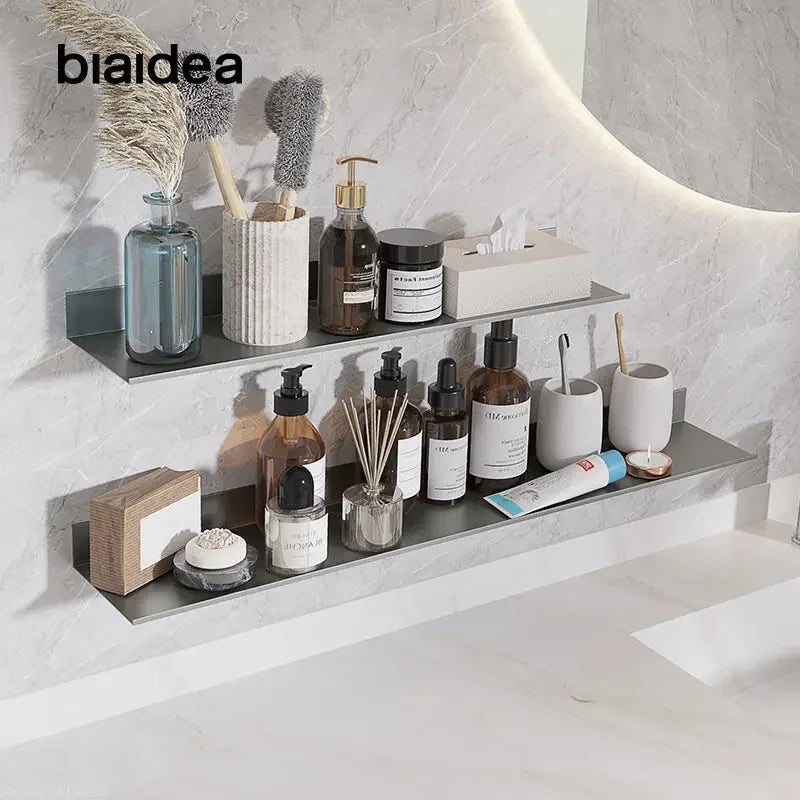 étagère murale adhésive aluminium moderne salle bains accessoires rangement gris lisse sans perçage