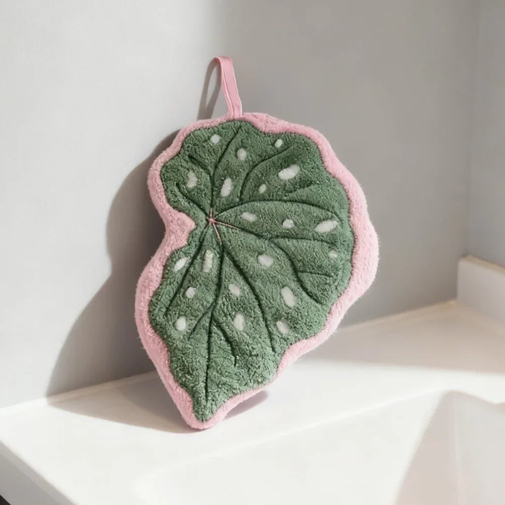 serviette main feuille stylisée polyester polyamide ruban vert veines blanches bordure rose moderne cuisine