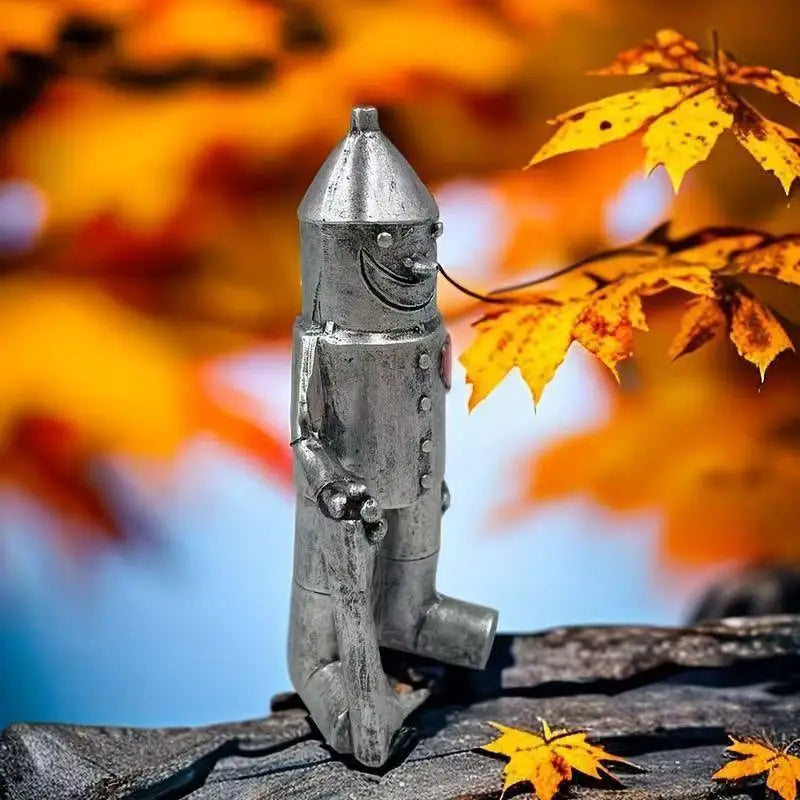 figurine robot argenté résine artisanale coeur rouge poignée bois décoration jardin vintageextérieur