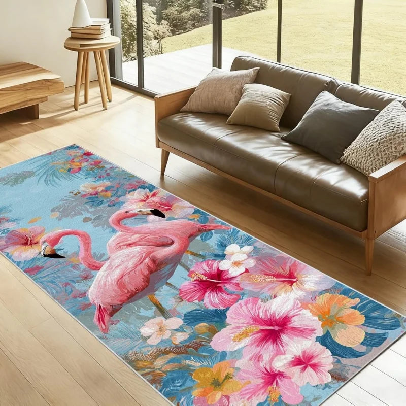 tapis moderne flamants roses fleurs tropicales bleu rose blanc vertextérieur salon chambre antibruit polyester