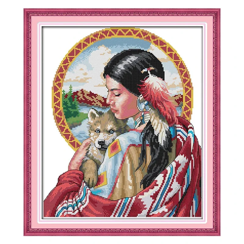 Kit broderie motif ethnique plumes animaux rubans guide couleurs aiguilles tissu coton imprimé maison