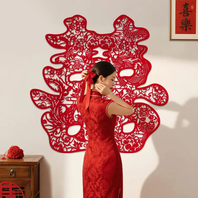 décoration murale mariage papier découpé artisanal motifs floraux rouge adhésif traditionnel chinois