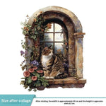 autocollant mural vintage paysage fenêtre volets bleus plantes vertes guirlande fleurs chat niche naturel