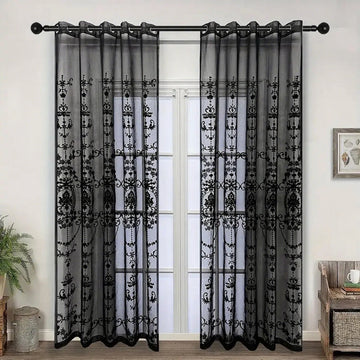 rideau dentelle noir blanc broderie florale classique semi transparent anneaux tringle salon