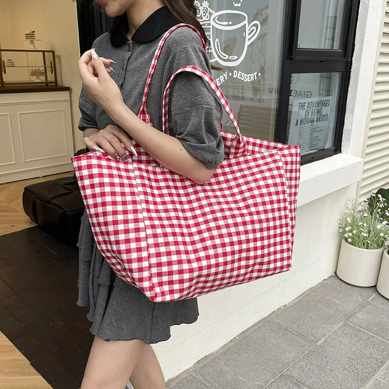 sac main noir blanc carreaux polyester toile femme moderne casual fourre tout poignées détachables
