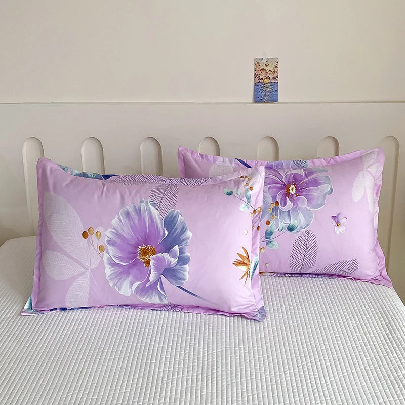 ensemble deux taies d'oreiller bleu fleurs blanches romantique lit double coton polyester