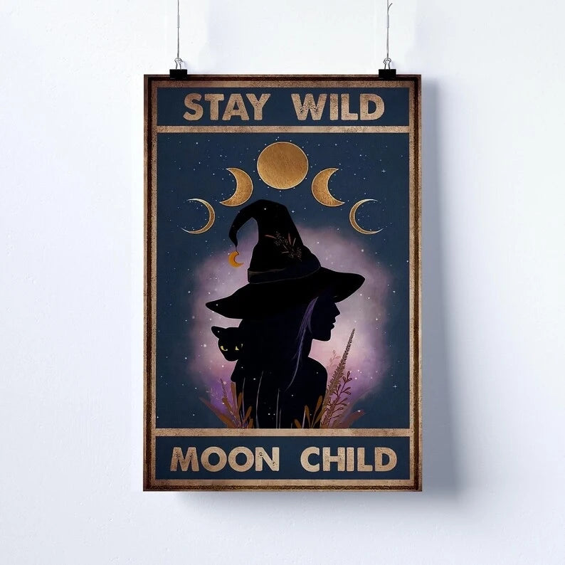 affiche sorcière lune phases chats noirs chambre salon décoration mur vintage mystique clips texte