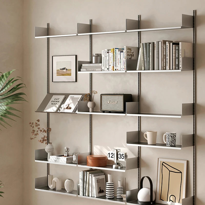 étagère murale modulaire acier inoxydable gris moderne livres cadres vases bougies