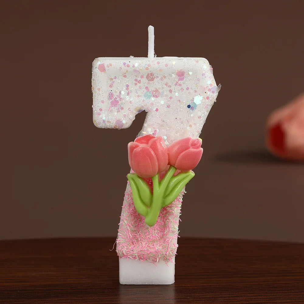 bougies forme chiffres blanc rose vert paillettes fleurs roses feuilles vertes festive tringle boîte