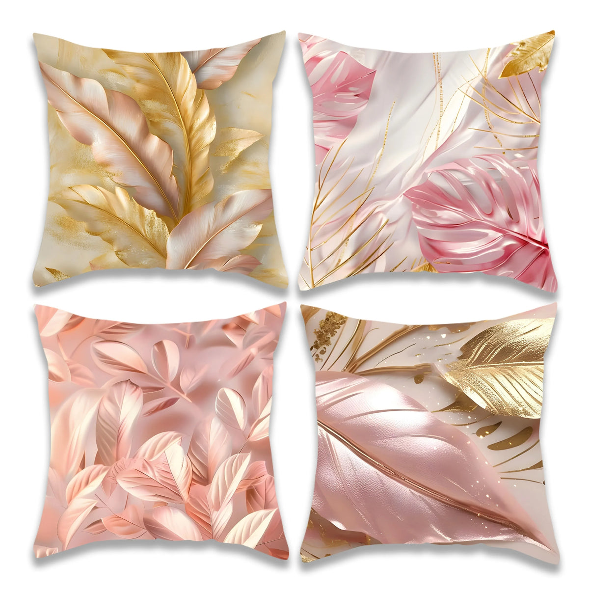 housse coussin tissu plumes stylisées rose pâle beige doré contemporain 45x45cm fermeture glissière decoration