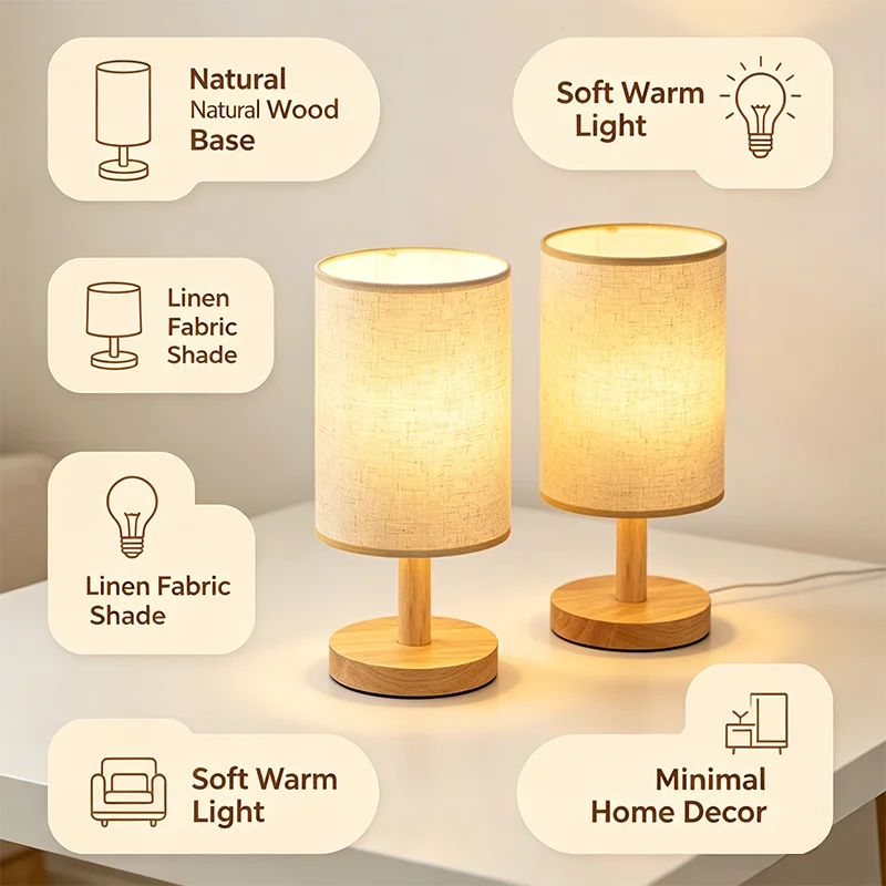 lampe table led tissu lin bois naturel minimaliste beige réglable éclairage chambre veilleuse usb