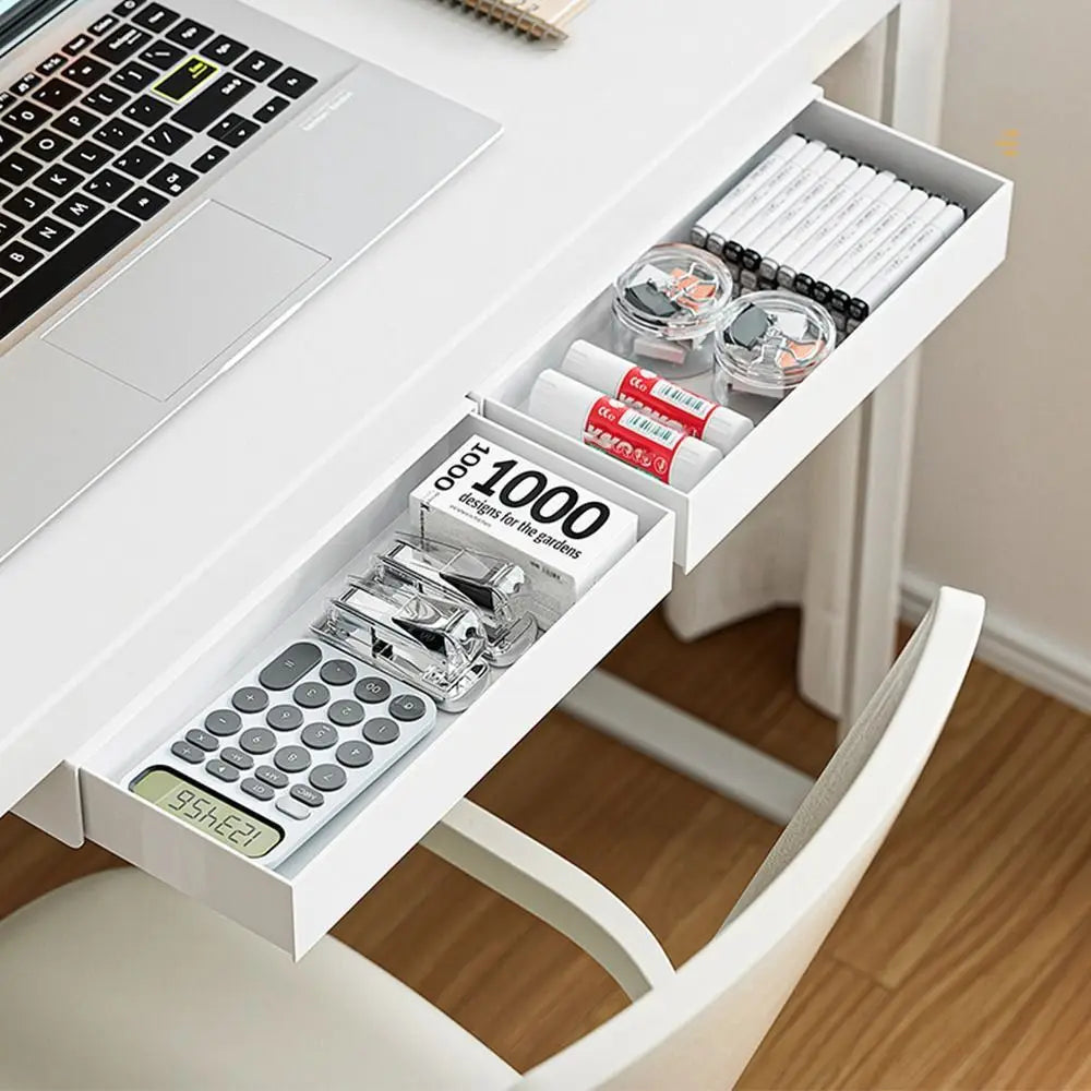 boîte rangement tiroirs blanc moderne calculatrice stylos cahiers agrafeuses ciseauxCALENDRIER tasse plantes