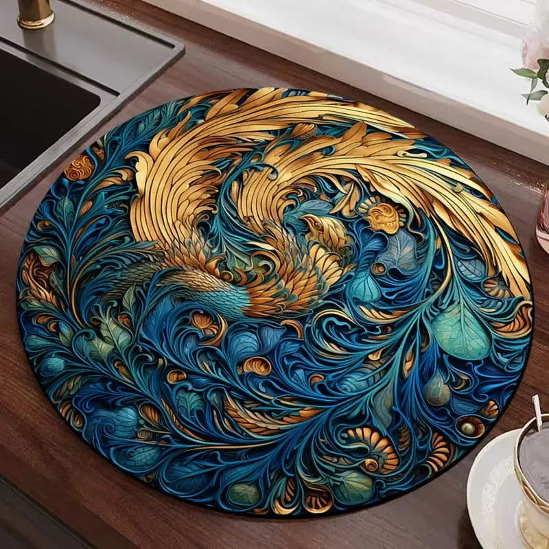 tapis rond moderne diatomées boue floral oiseaux dragon bleu doré vert rouge