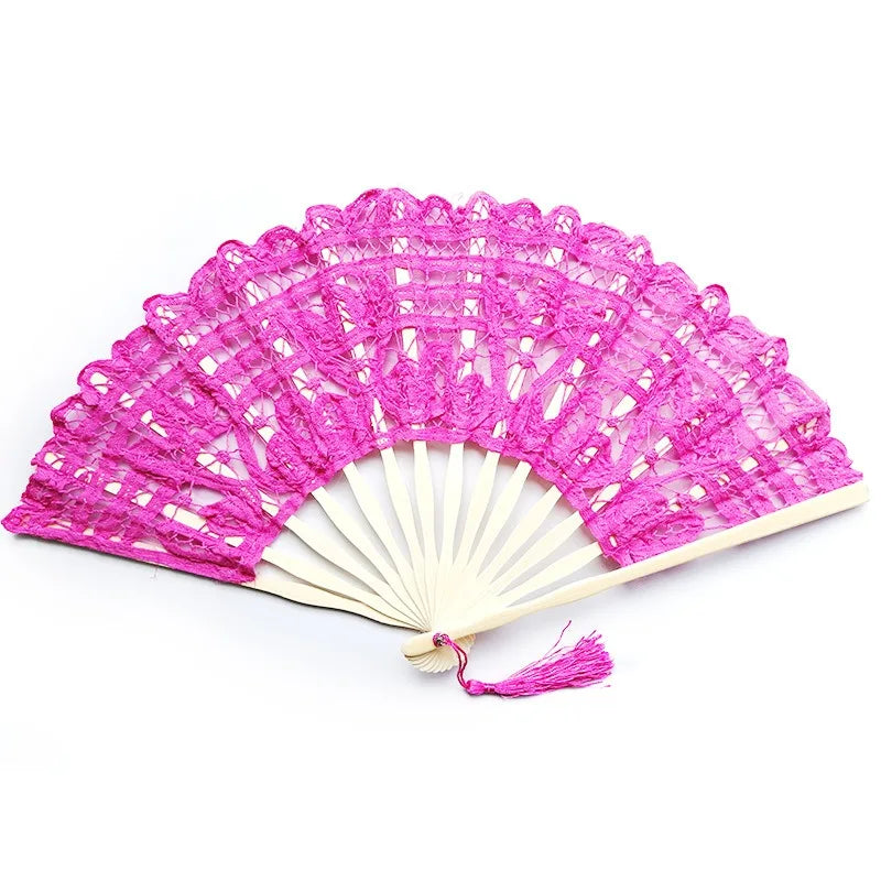 éventail pliant dentelle bambou portable brodé pompon décoration intérieure classique noir rose vert rouge