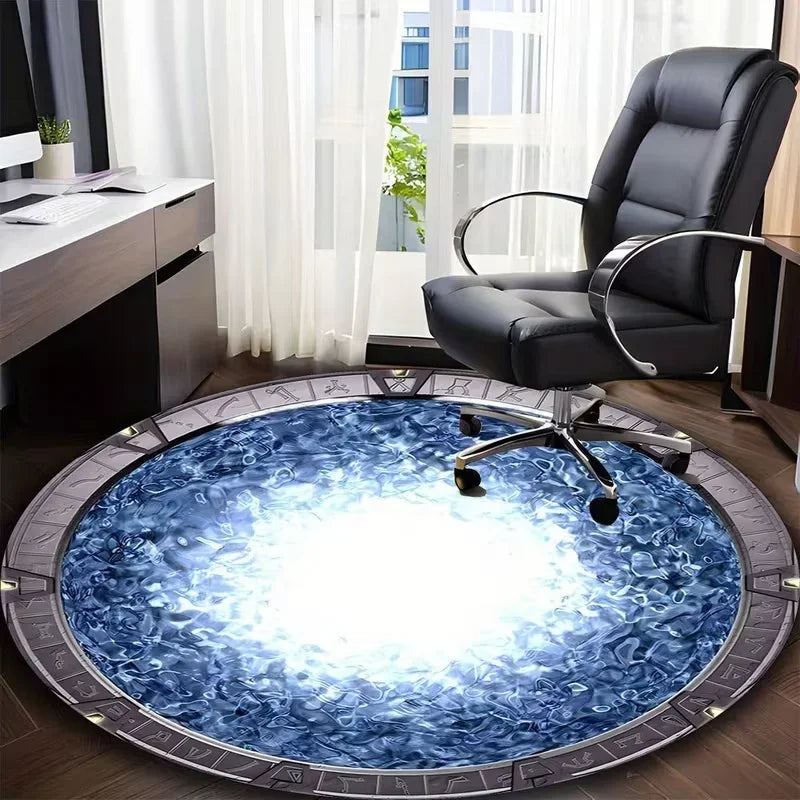 tapis rond moderne antidérapant polyester bleu gris noir texture métal motifs géométriques salon chambre