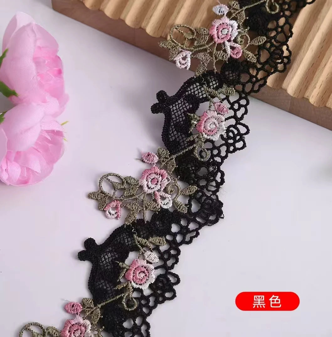 ruban dentelle noir brodé fleurs polyester largeur 6cm occasion parti décoration artisanale