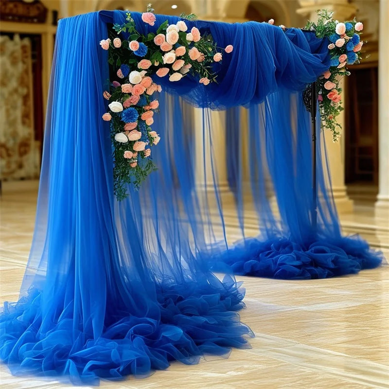 tulle bleu transparent finement tissé ruban blanc décoration mariage anniversaire événements élégante longueur grande