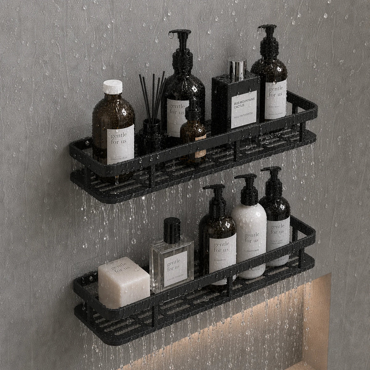 étagère rangement noir mat moderne double niveau adhésif sans perçage salle bain cuisine