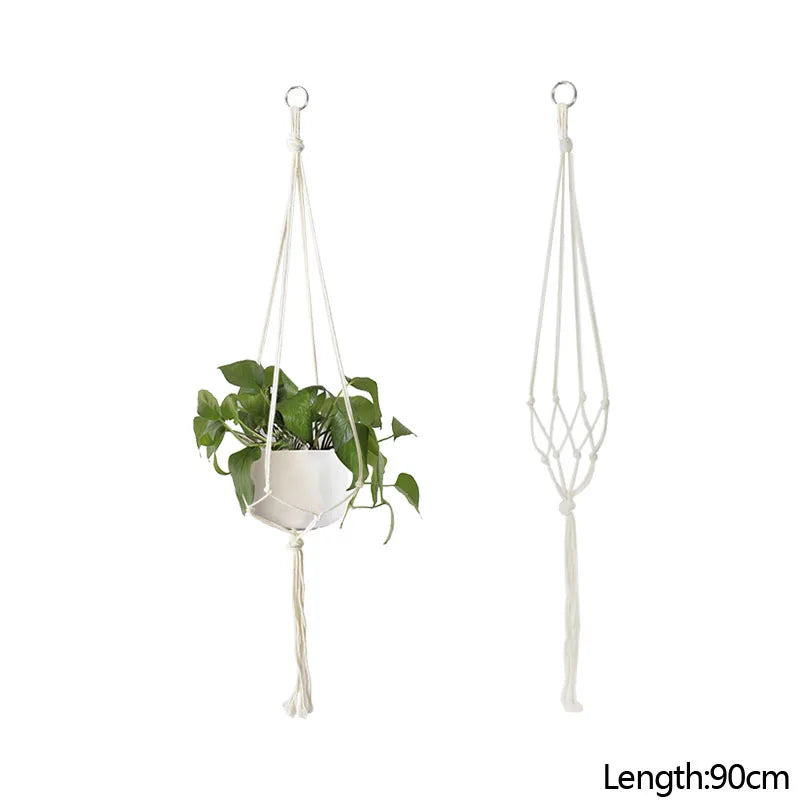 support plante suspendu macramé blanc artisanal boho chic anneaux métalliques noeuds réguliers decoration balcon