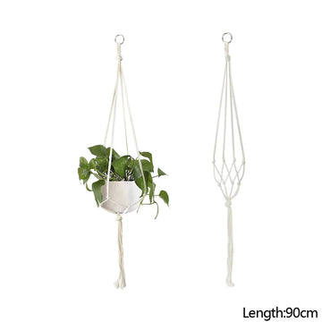 support plante suspendu macramé blanc artisanal boho chic anneaux métalliques noeuds réguliers decoration balcon