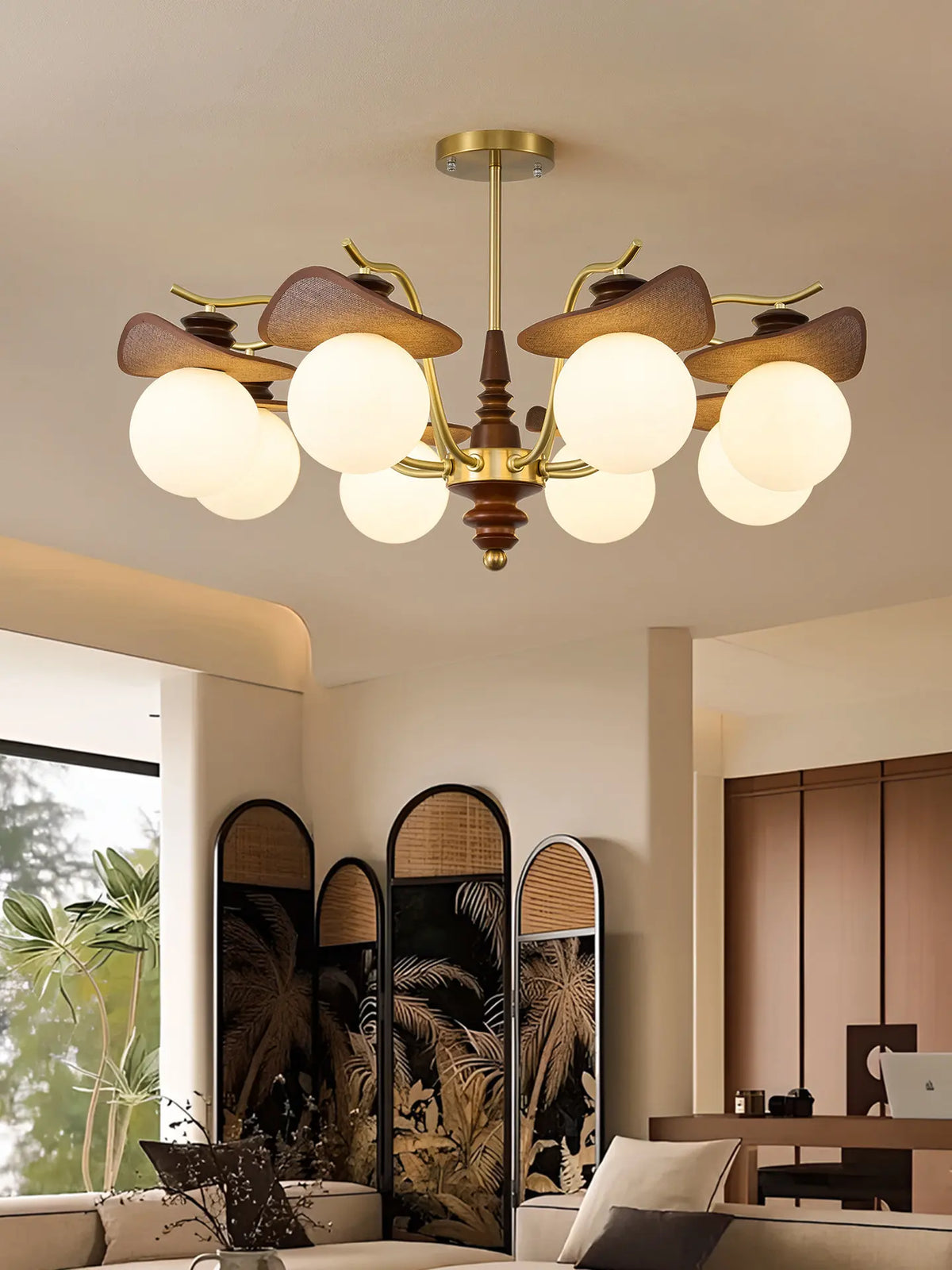 lampe suspendue or classique bois foncé tête translucide led salon chambre