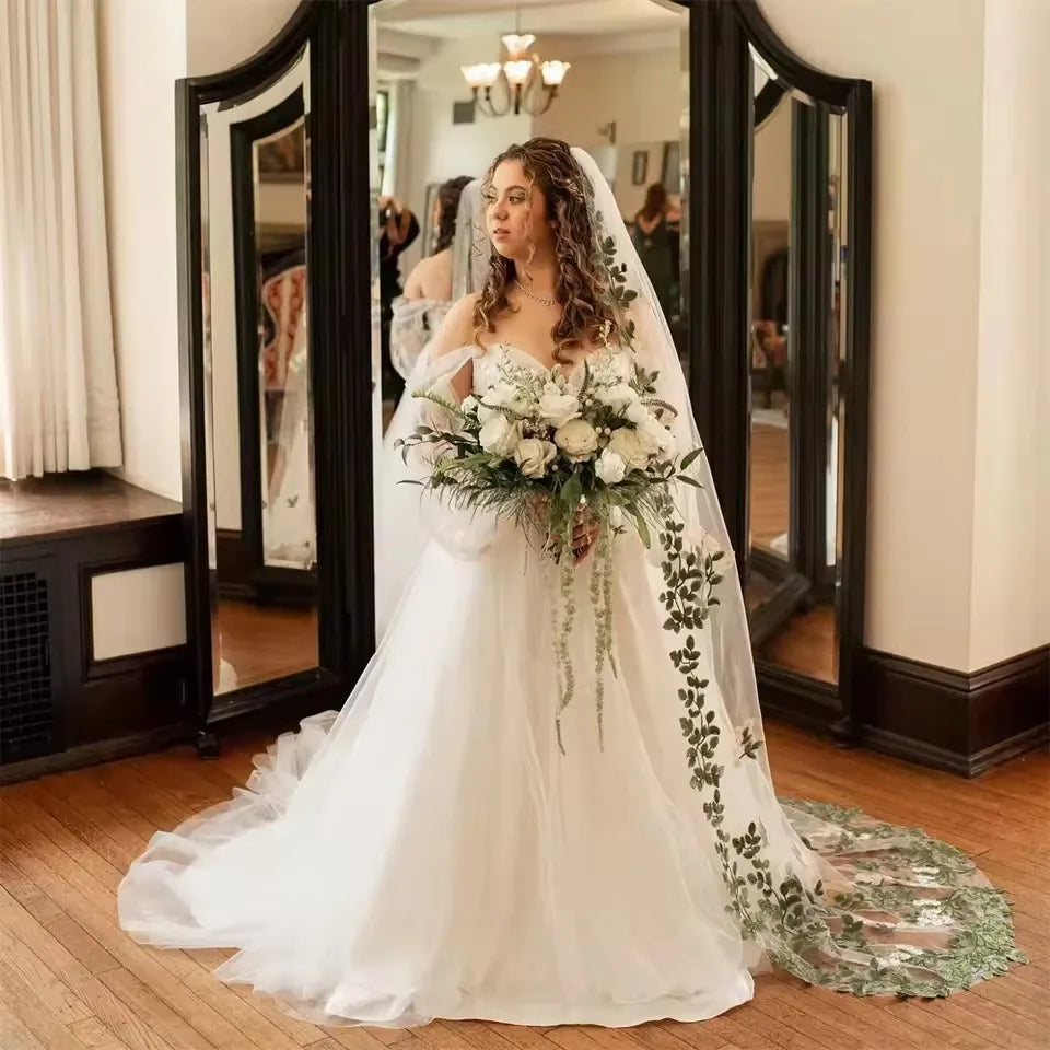 voile mariage cathédrale dentelle motif floral vert blanc élégant monocouche fixations transparent femme