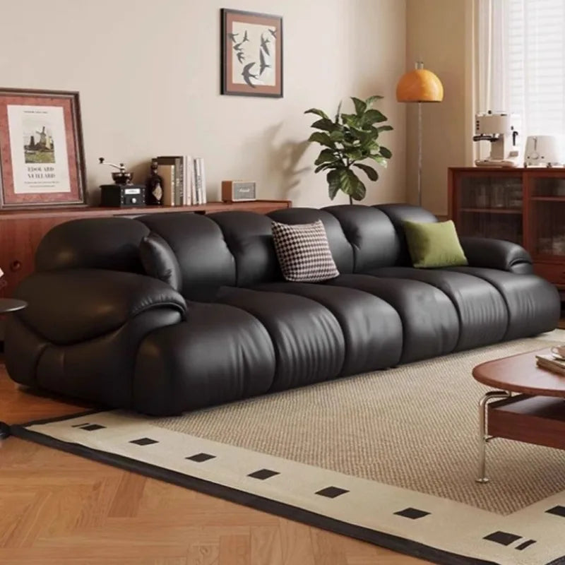 Canapé moderne simili cuir noir profond 70cm coussins