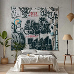 tapisserie graffiti moderne polyestère blanche noire bleue rouge verte urbaine abstraite clips clous adhésif