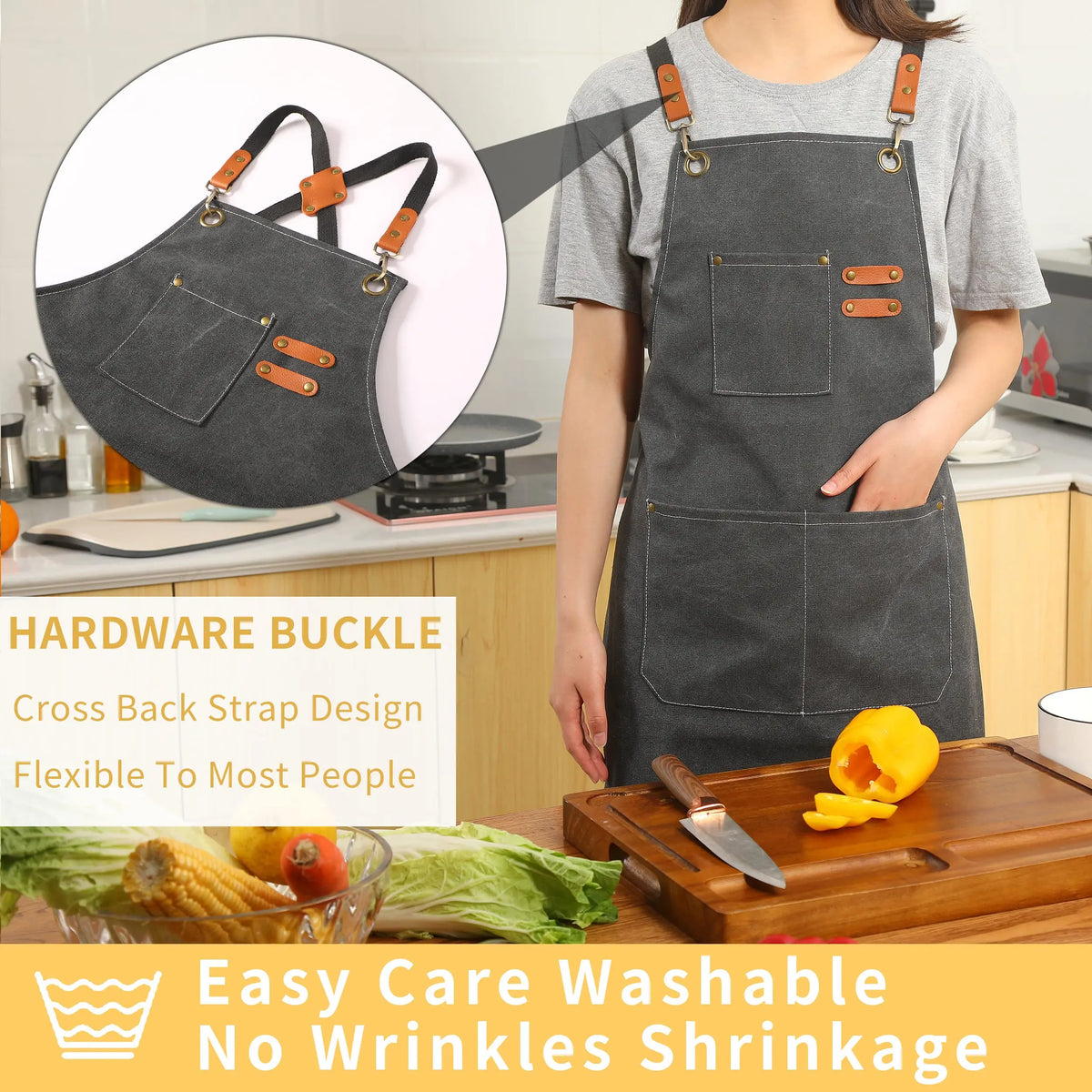 tablier cuisine toile gris classique boucles métalliques poches avant arrière adjustable