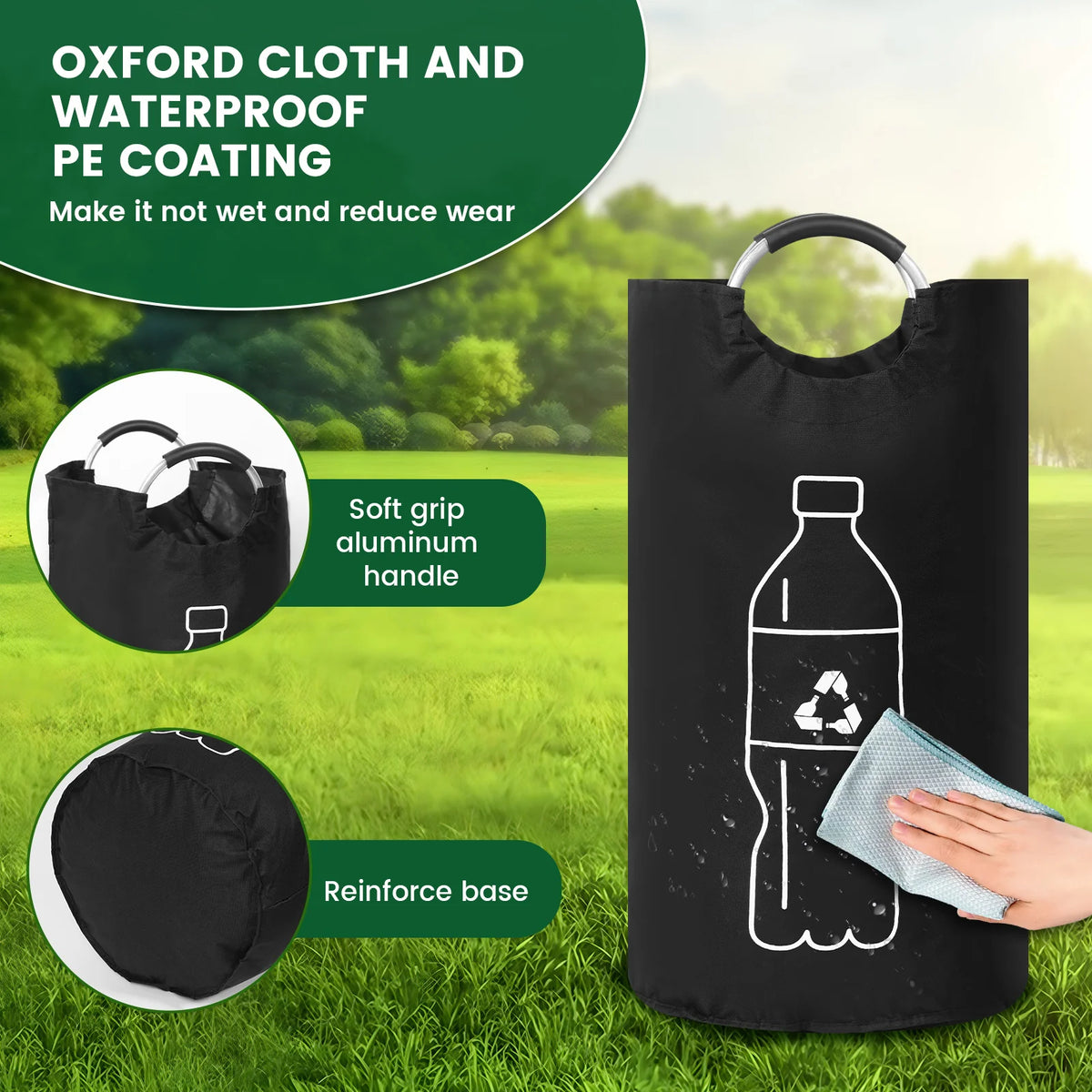 sac recyclage noir pliable oxford cloth 82l 115l multiple utilisation bouteilles plastique symbole recyclage