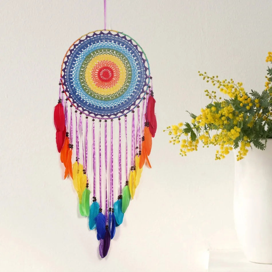 attrape rêves bohème multicolore plumes crocheté tringle décoration chambre salon