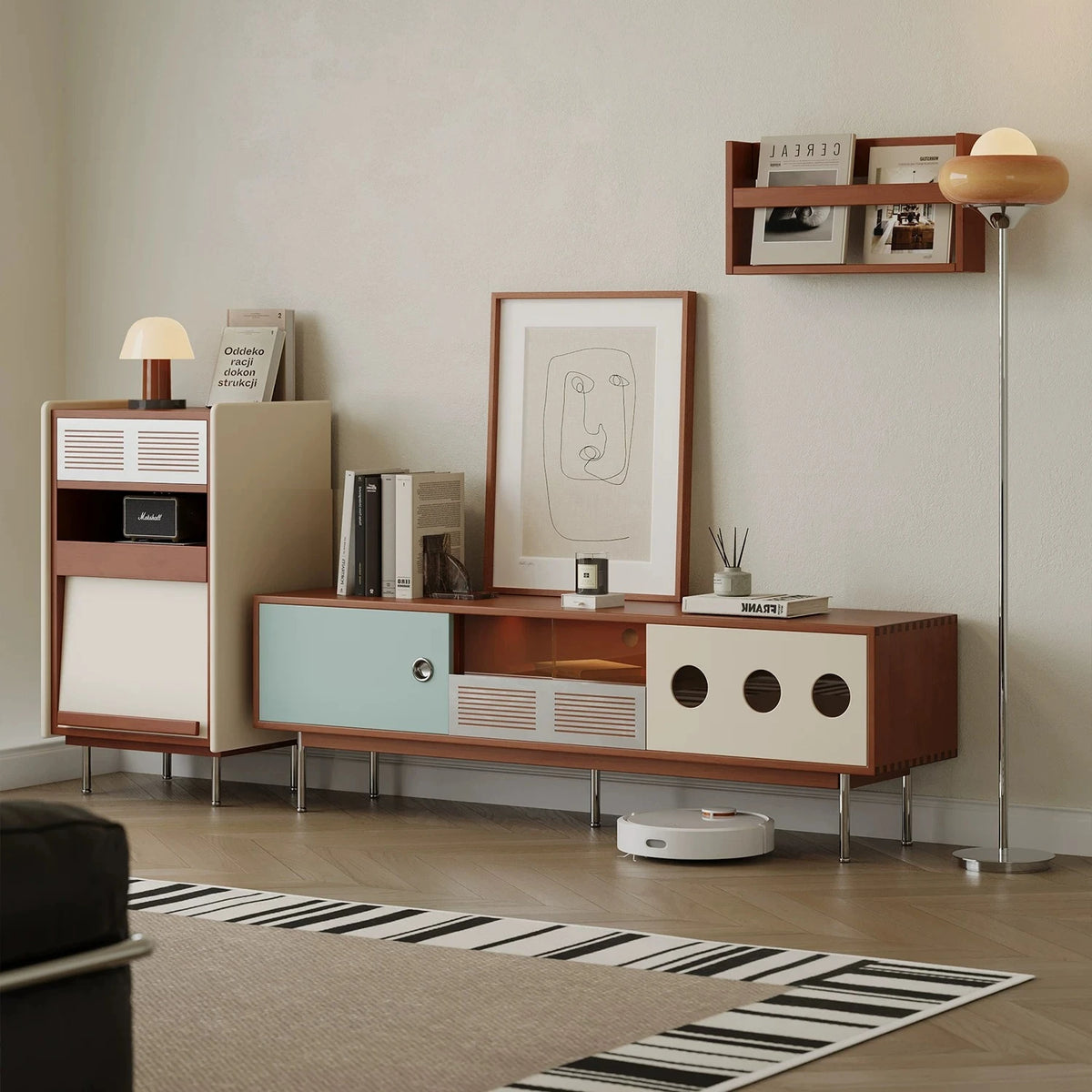 meuble bas tv console mid century bois tiroir étagère murale transparente