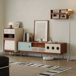 meuble bas tv console mid century bois tiroir étagère murale transparente
