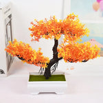 bonsaï artificiel vert rose violet orange feuilles fines tronc épais pot blanc mousse verteextérieur