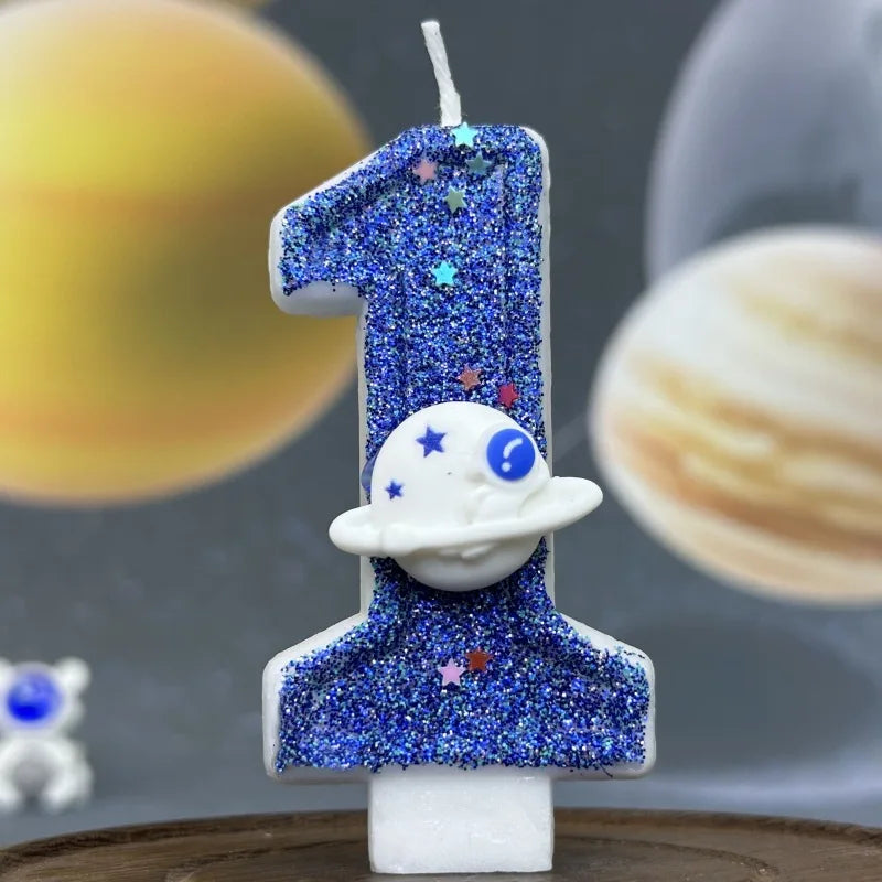 bougies numéraires bleu pailleté motif étoiles thème espace anniversaire mariage fiançailles tringle