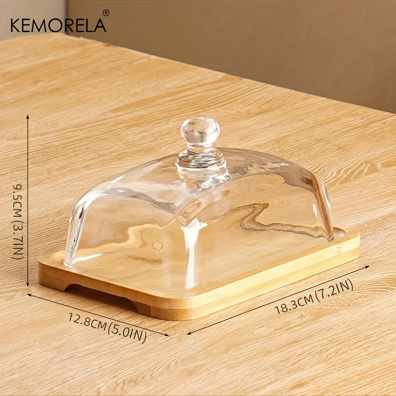 assiette beurre plateau bois couvercle verre transparent beurre bloc plateau marron rustique élégant