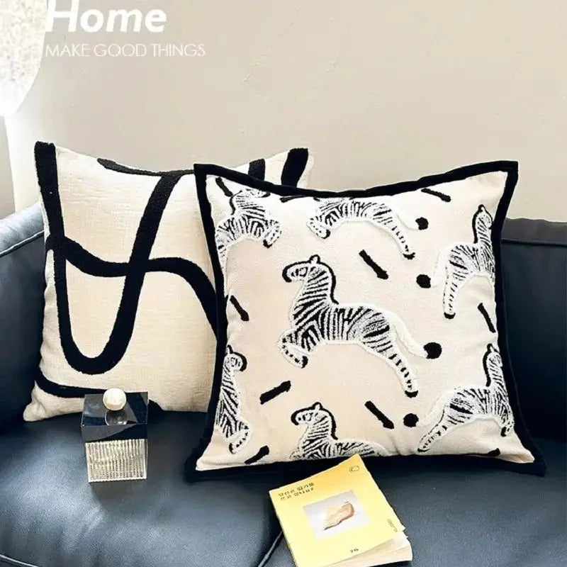 housse coussin moderne zèbre noir beige polyester coton détachable lavable salon chambrehôtel hospitalité populaire