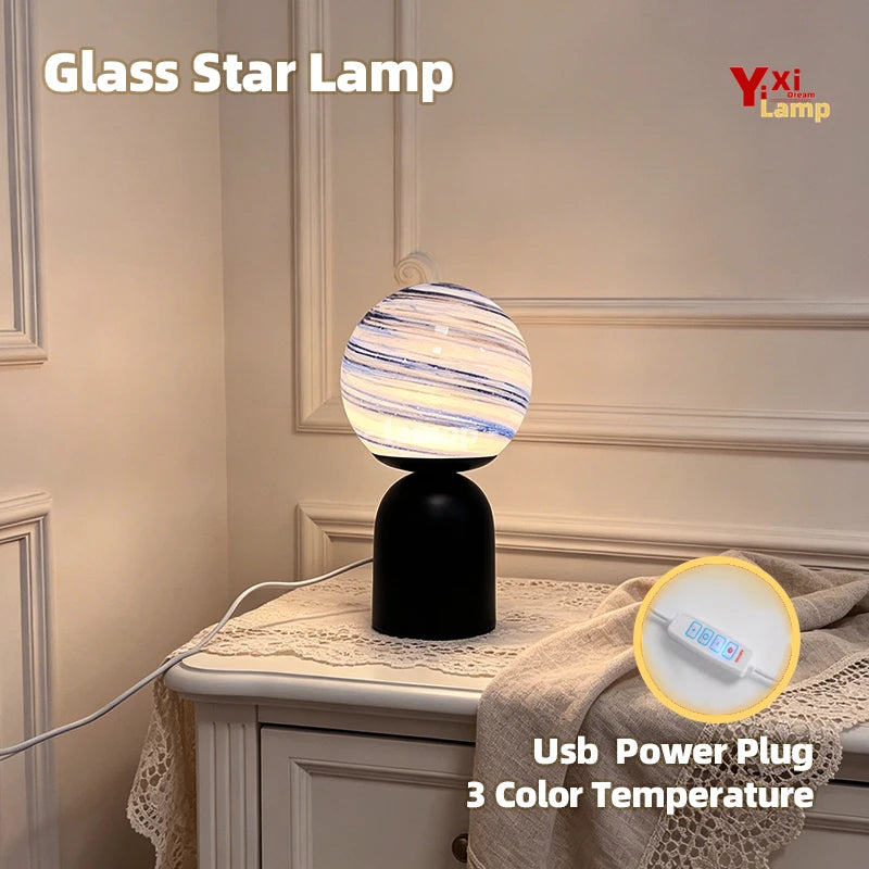 lampe table moderne noir bleu striees led usb rechargeable vitrail opaque chambre
