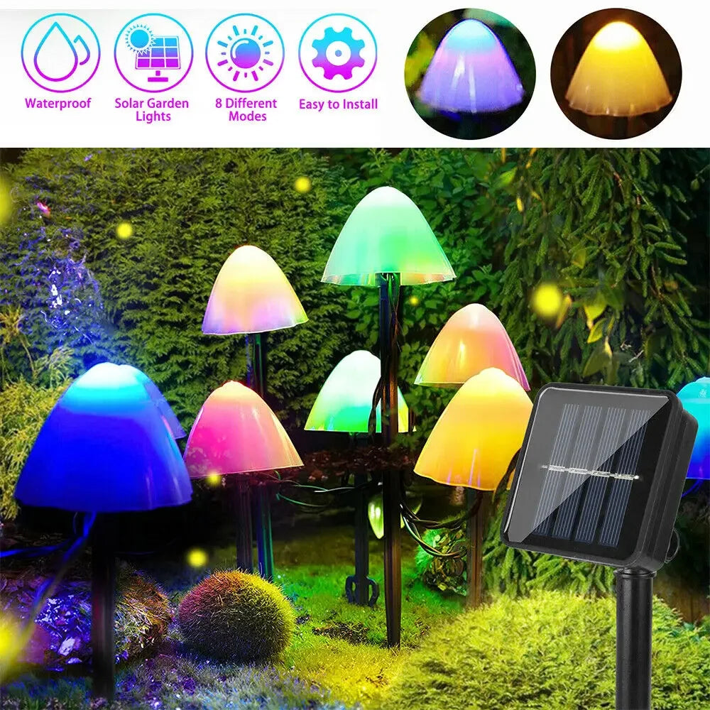 guirlande lumineuse solaire champignon multicolore jardin féerique extérieure autoinstallation led opaque contemporaine festive