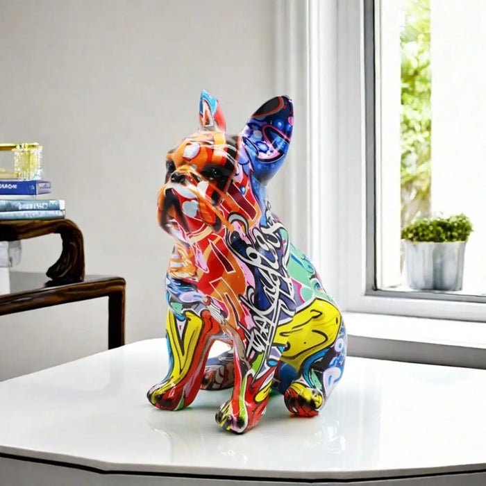 Statue bouledogue français graffiti coloré en résine