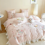 ensemble literie rose broderies chats fleurs ultra doux drap oreillers romantique