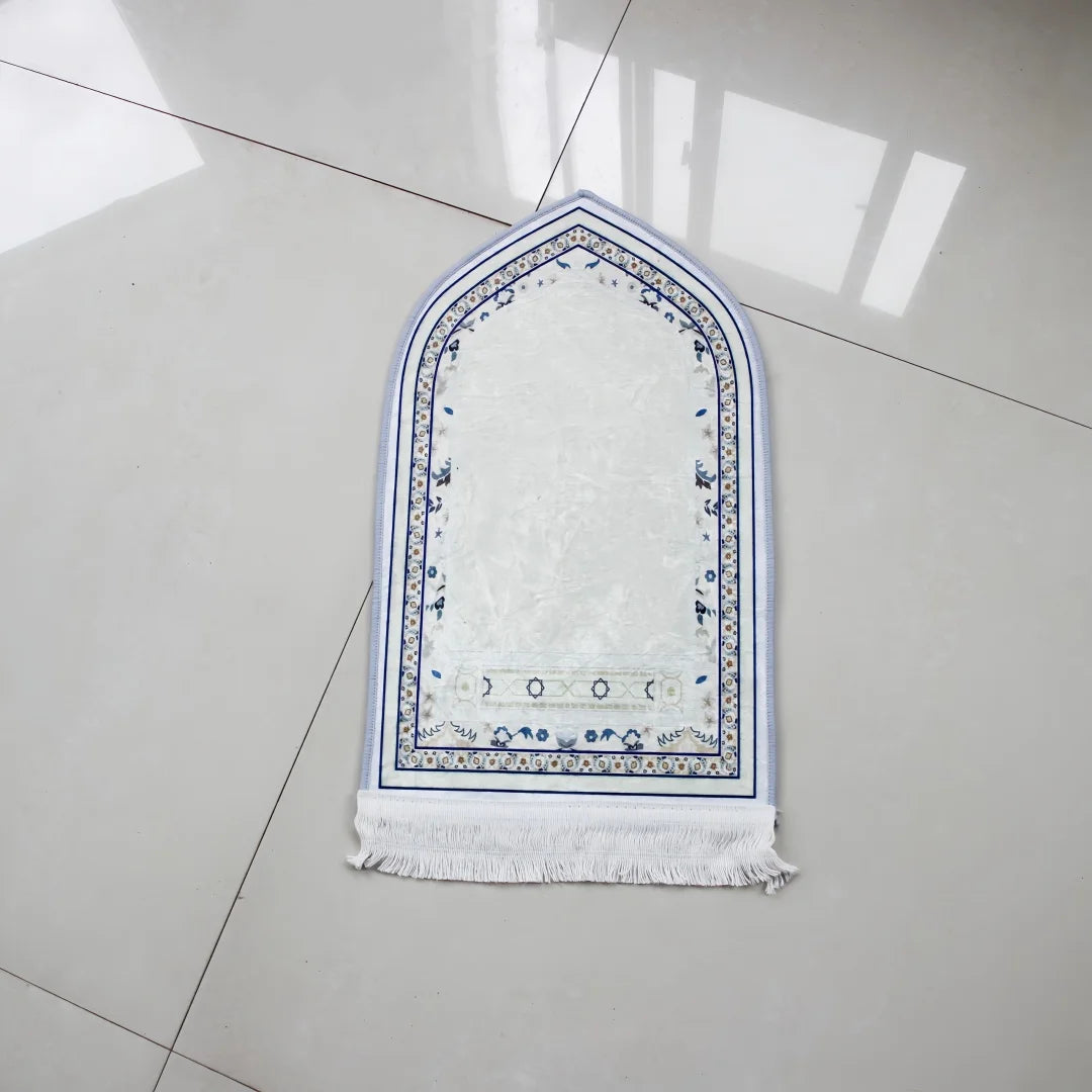 tapis prière musulman polyester antidérapant motifs floraux moderne bleu vert noir blanc usage maison