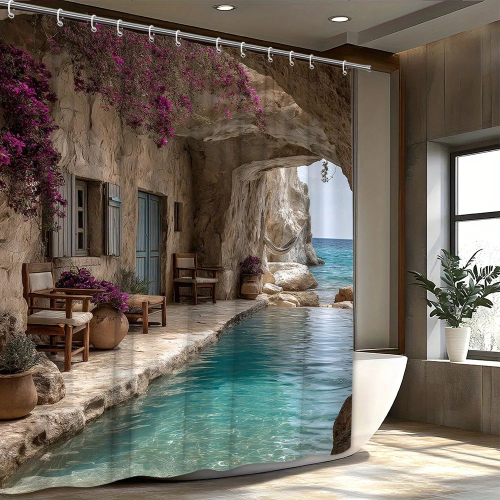 rideau douche moderne opacité beige violet bleu gris paysage rocheux fleurs violettes fenêtres meubles