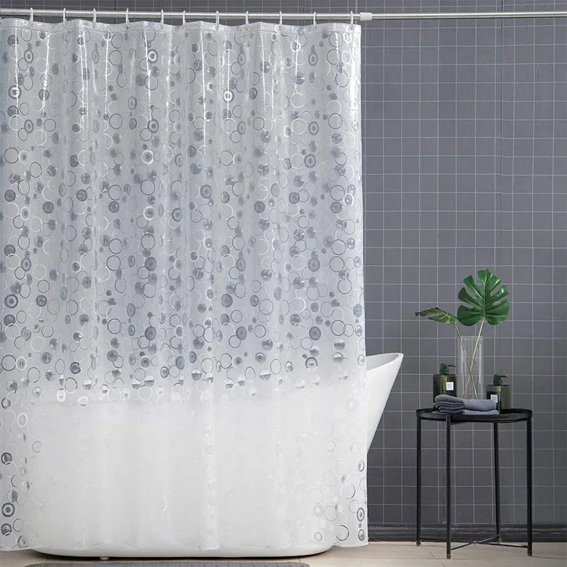 rideau douche transparent moderne cercles colorés anneaux métalliques translucides salle bain grande taille