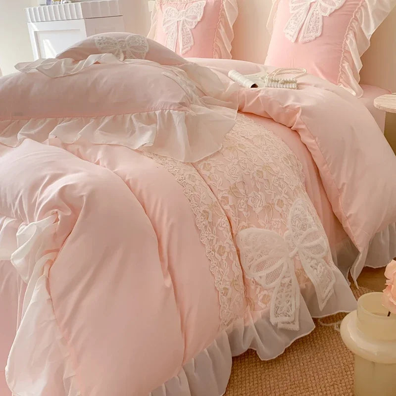 ensemble literie romantique violet rose dentelle blanche fronces bordures vintage filles chambre adolescente