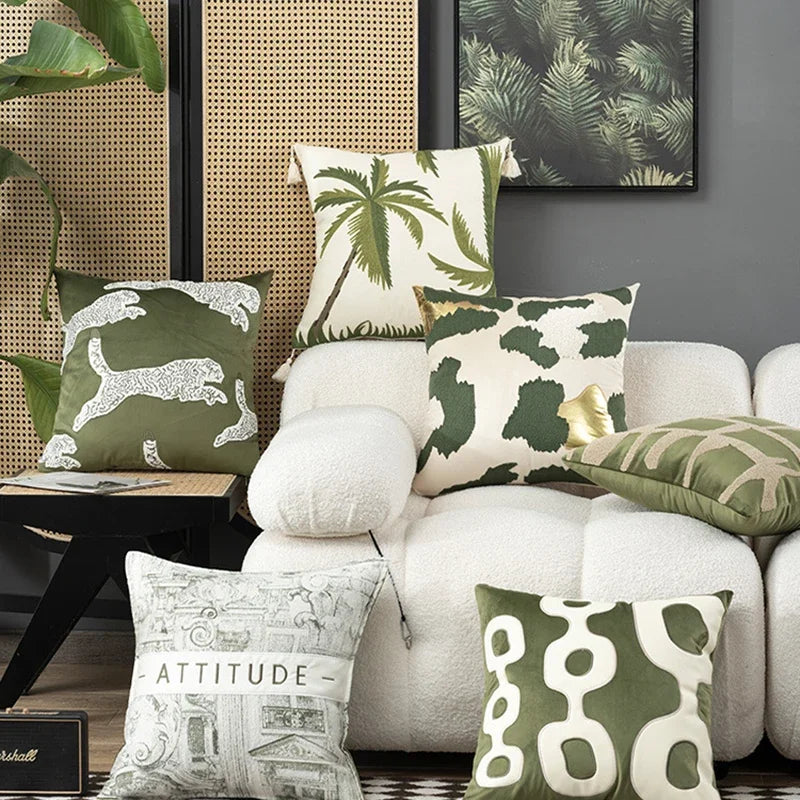coussin moderne patchwork vert brodé amovible lavable salon chambre decoration adultes tissu polyester coton