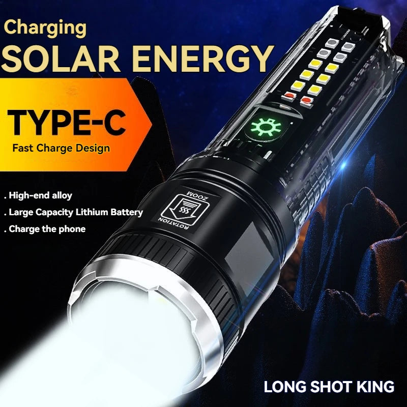 lampe torche led puissante rechargeable panneau solaire intégré lumière intense résistante chocs auto défense