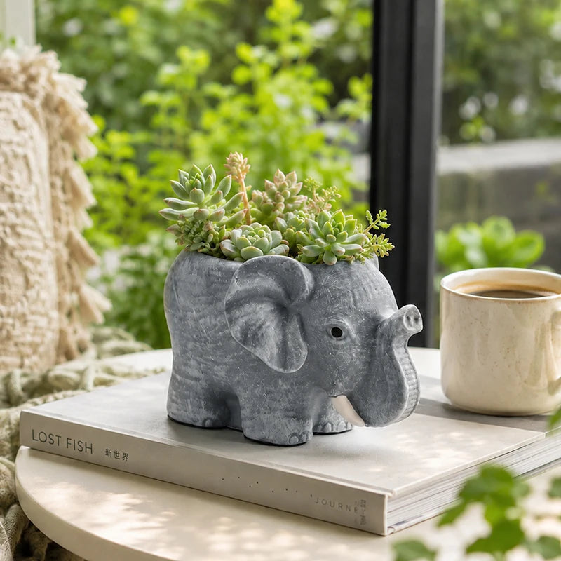 pots fleurs forme éléphant gris clair aspect texturé effet pierre decoratif animalier succulentes differentes