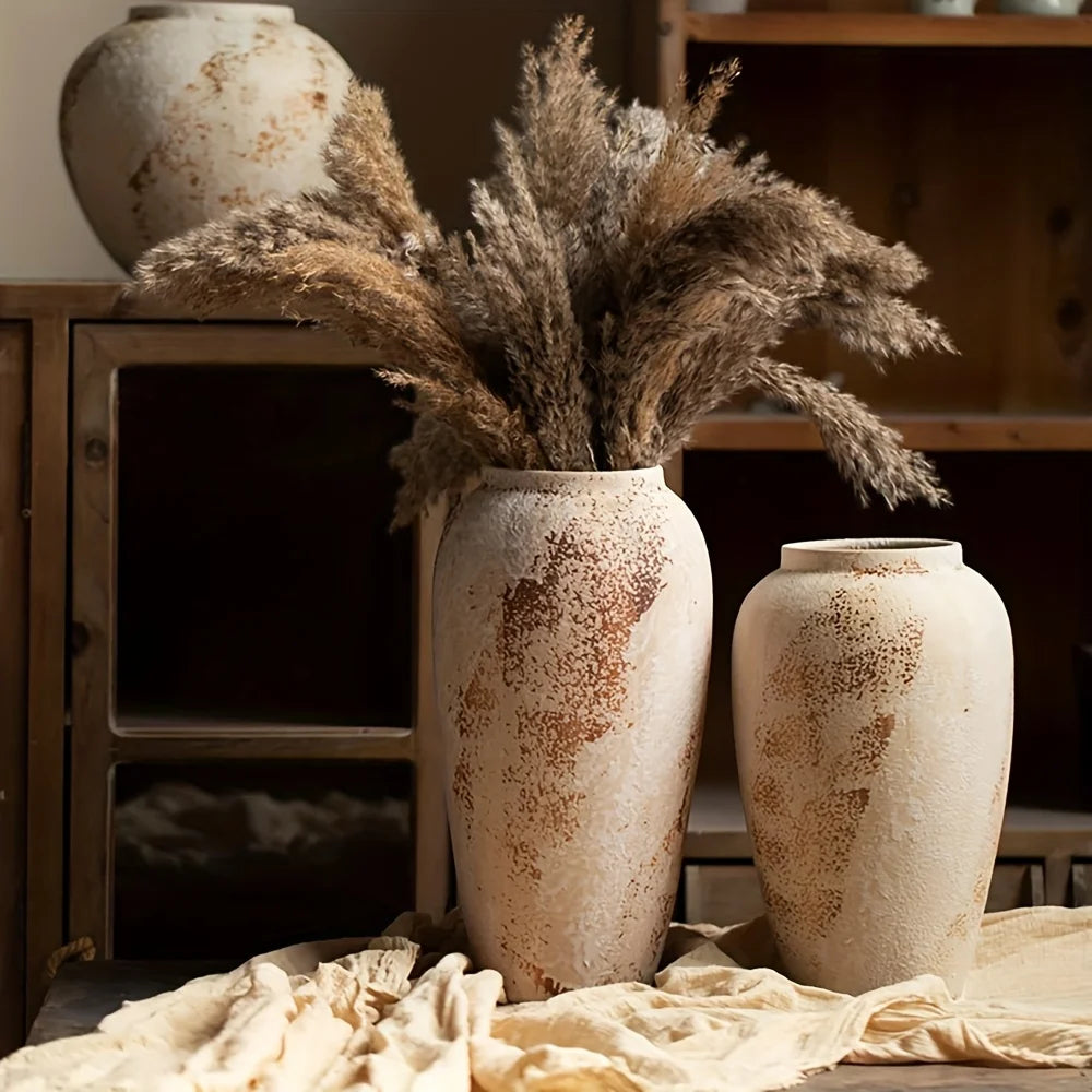 vases céramique rustique vintage branches sèches fleurs séchées aspect vieilli effet craquelé marron foncé