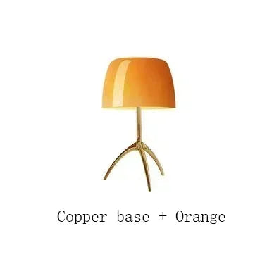 lampe table moderne blanc orange rouge pied métal base cuivrée led chambre salon